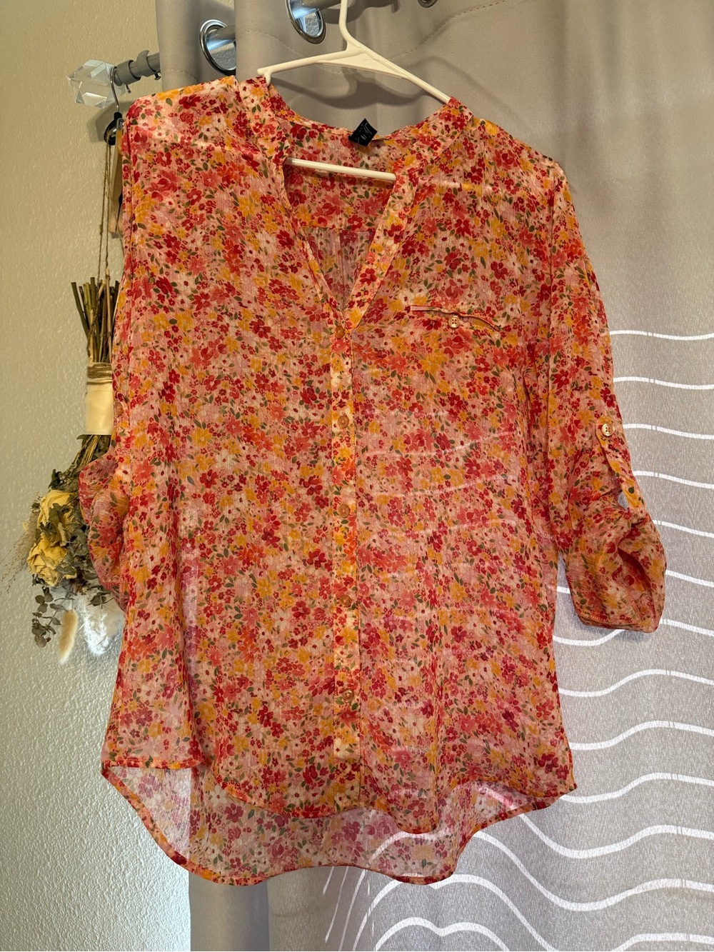 Kut from the Kloth Sheer Floral Button-Front Blouse - Pink & Orange - Picture 2 of 9